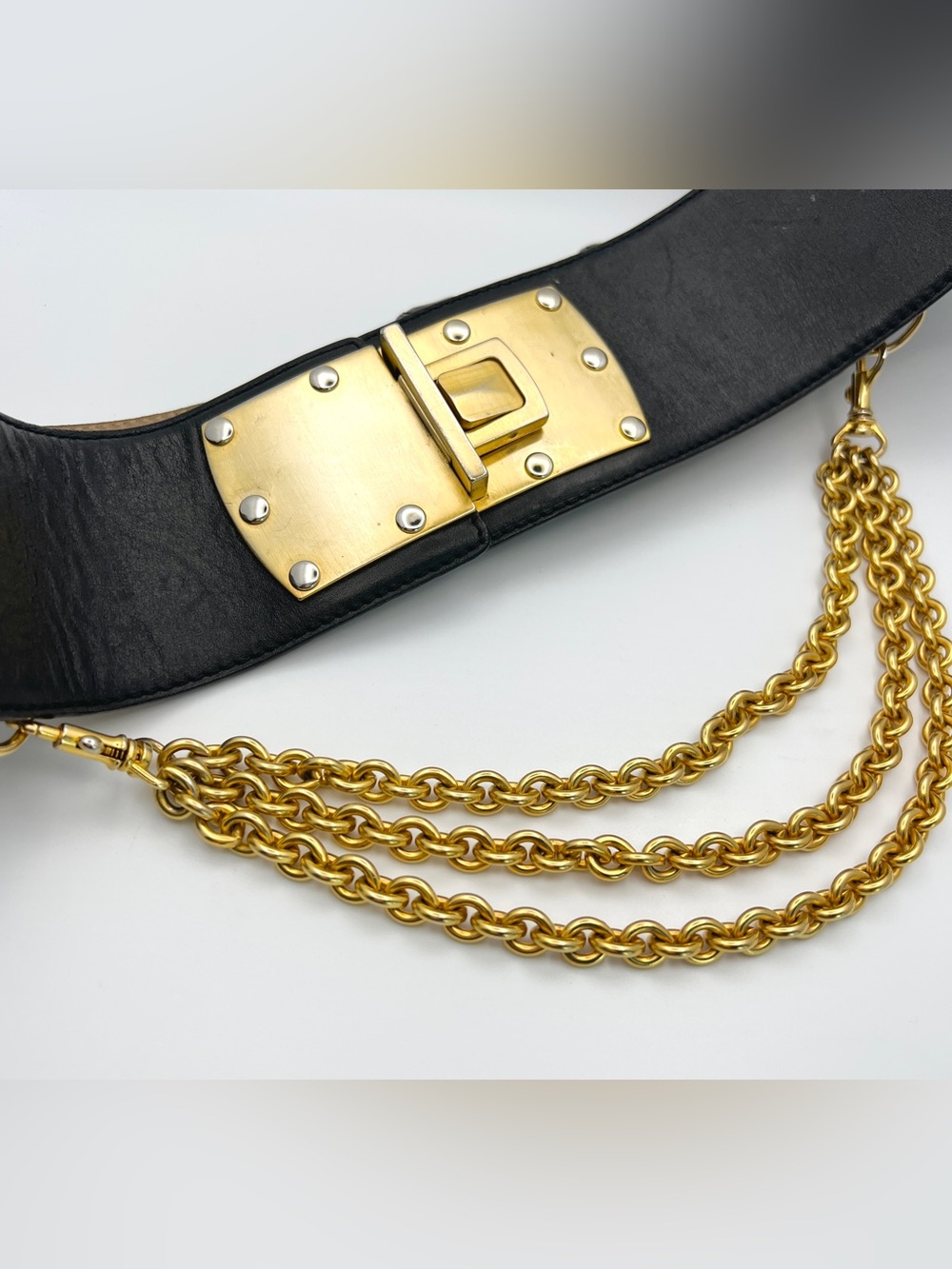 Iconic 80s Donna Karan NY Black Leather Wide Belt with RLM metal and Chain
